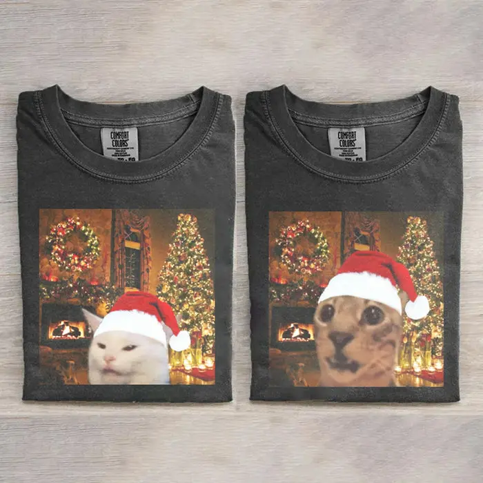 Women's Round Neck Cotton Casual Graphic T-Shirt, Vintage Christmas Cat Meme Tee, Unisex Retro Funny Pet Humor Gift Top