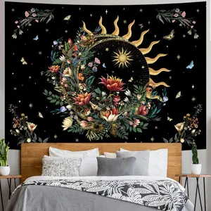Tapestry  Racunbula Floral Plants Tapestry Sun and Moon Tapestry Retro Botanical Flowers Butterfly Tapestries Black Starry Sky Wall Poster Vintage Boho Aesthetic Tapestries Wall Hanging for Bedroom Decor Peach