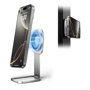 Oatsbasf Foldable Magnetic Phone Stand for Desk Grey Adjustable Metal Portable Holder for Office Home Gym Outdoor Accessories Alloy Compact Magnetic Phone Mount for iPhone 16 15 14 13 12 Series Cellphone