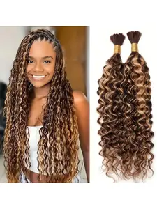 4/27 color Brazilian virgin human hair curly extensions - 2 bundles, 100 grams per bundle, deep wave loose hair without weft. The waves are realistic when wet, making them perfect for bohemian-style braids Curly Wavy Hairpieces Human Hair Weave