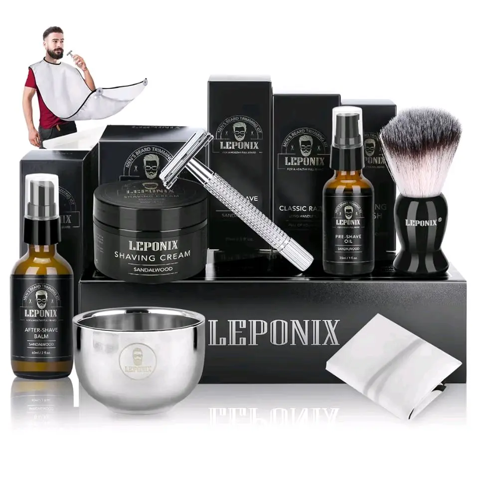 Shaving Kit for Men, Include Safety Razor, Sandalwood Cream, Aftershave, Pre Shave Oil, Shaving Brush and Bowl, Shaving Apron Bib -Unique Gifts for Him Stocking Stuffers