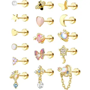 YADOCA 16Pcs Dangle Cartilage Earrings for Women Men Stainless Steel Tragus Stud Earrings 16G and 20G Butterfly Heart CZ Opal Flat Back Earrings Cartilage Tragus Conch Helix Daith Piercing Jewelry