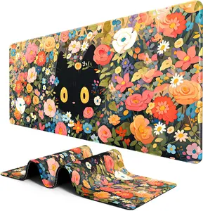 XXL Gaming Desk Mat, Extended Mouse & Keyboard Mat, Anime Cat Pink Flower Bush - 31.5 x 11.8 Inches