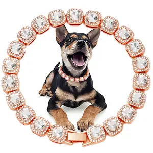 ✨ Hip-Hop Cuban Link Pet Chain💎 12mm Crystal Cube Beads🐶🐱 Adjustable Stainless Steel Necklace✨ Safe & Trendy for Dogs/Cats