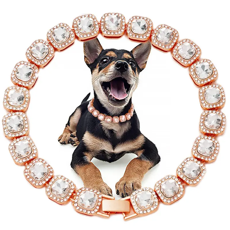 ✨ Hip-Hop Cuban Link Pet Chain💎 12mm Crystal Cube Beads🐶🐱 Adjustable Stainless Steel Necklace✨ Safe & Trendy for Dogs/Cats