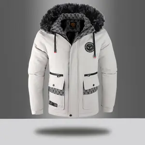 Men's Hooded Faux Fur Collar Parka Winter Thick Warm Multi-Pocket Workwear Style Outdoor Windproof Jacket Menswear Coats Stylish Tops Ivory White