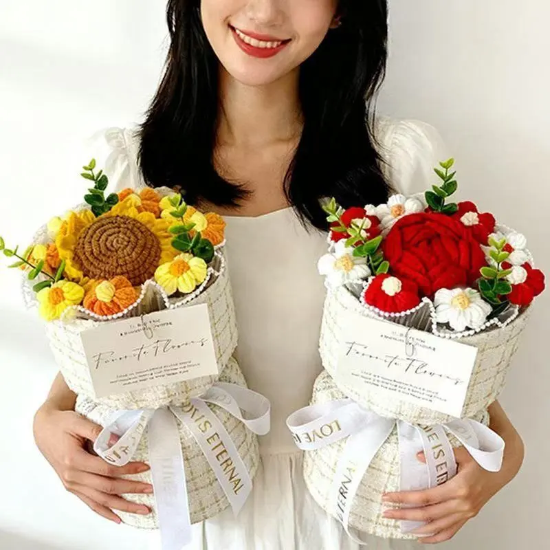 Artificial Crochet Flower Bouquet Set, Handmade Knitted Sunflower & Rose, Perfect for Wedding Anniversary, Home Office Decor, Valentine's Day Gift, Knitted Roses, Home Decoration Bouquet, Elegant Flower Design, Decorative Flowers
