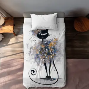 360 stand Twin Extra Long Duvet Cover Set - Cartoon Black Cat Design with Gold Accents, Machine Washable Textile Bedding Linen, Bedroom Bedding Set for Living Room, Graphic Duvet Covers, Bedding Inspo, Luxury Bedding