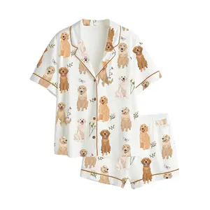 Women’s Golden Retriever Cottagecore Long & Short Sleeve Satin Pajama Set, Gift for Her, Funny Lounge Outfit Gift, Loungewear Long & Short Set, Soft Sleeper Wearing
