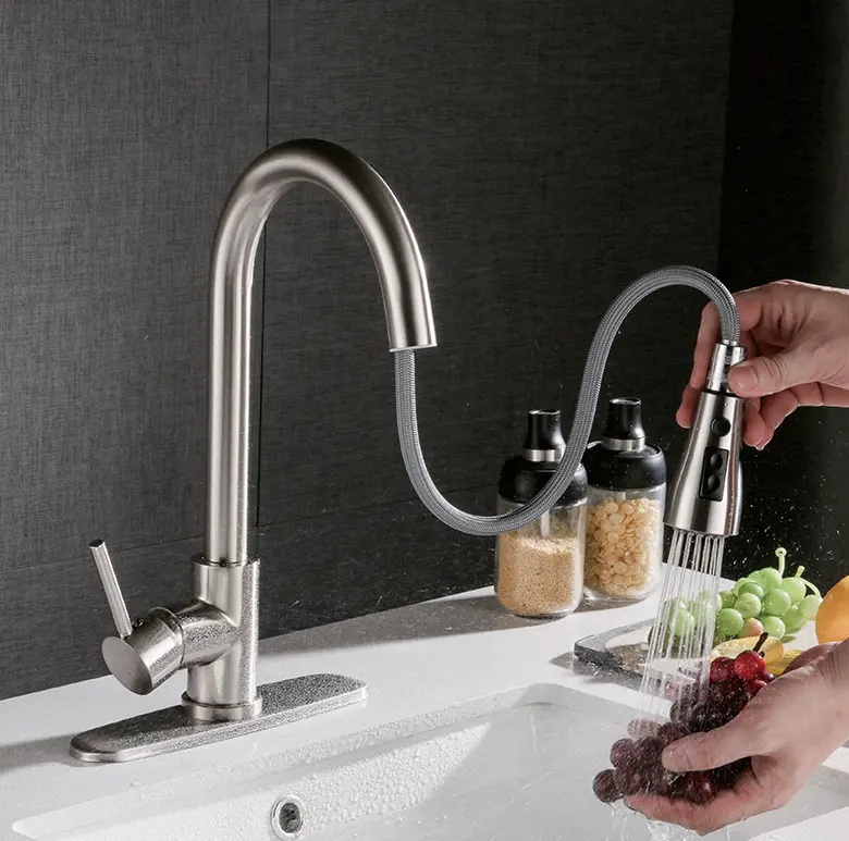 Pull-Out Hot & Cold Brushed Copper Kitchen Faucet – Elegant Dishwashing Solution