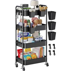 4 Tier Rolling Cart Metal with Wheels, Black Four Tiered Rolling Storage Cart  Wheels, Utility Roller Carts Organizer for Art, Craft,  Diaper , Snack, Book, Large-Capacity Shelving Units