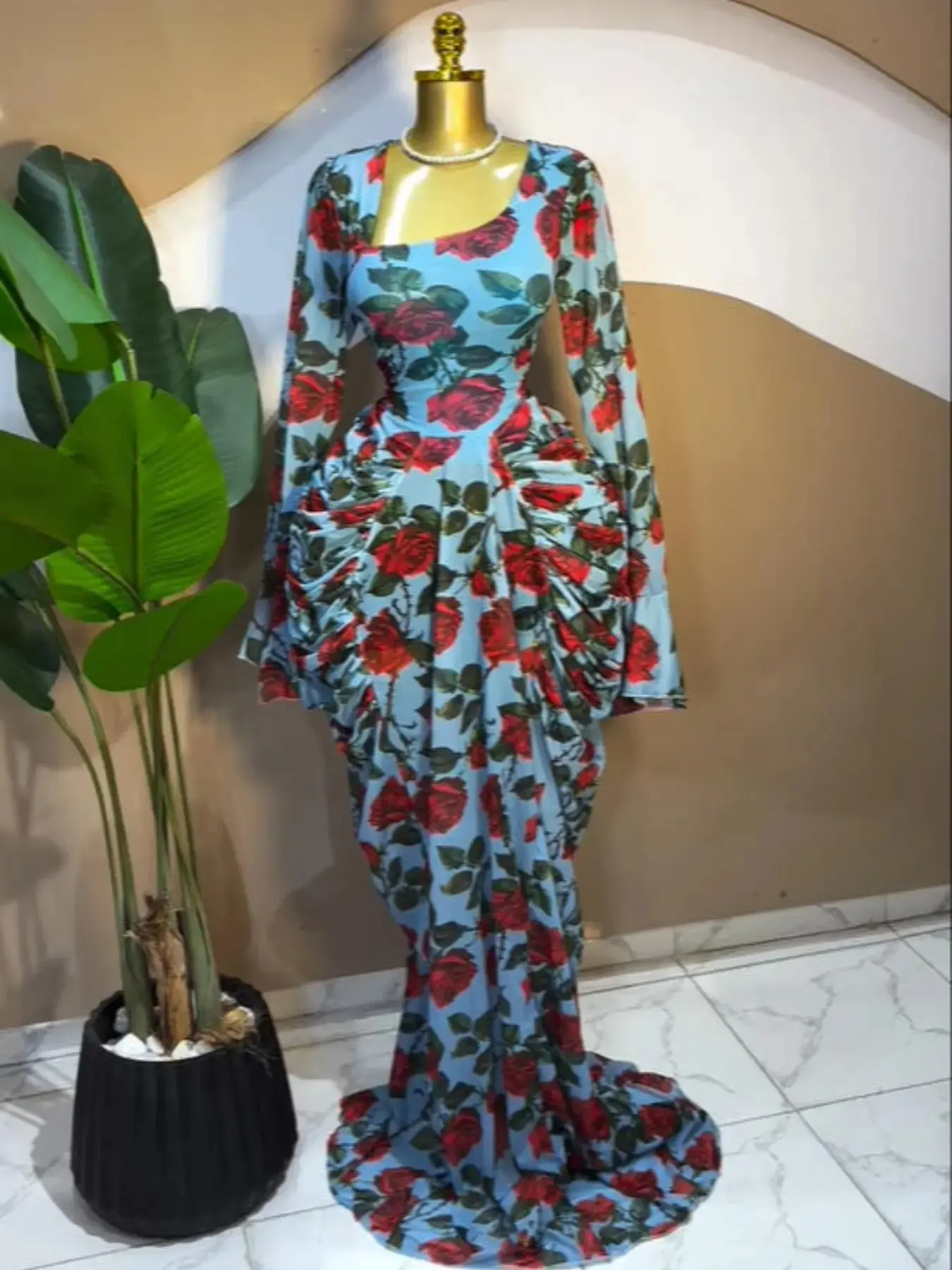 PULKRITU Women's Floral Tie-Dye Print Flounce Long Sleeve A-Line Maxi Prom Dresses, Formal, Birthday Party Outfit Gown, Stacked Side Mermaid Floor Length Cocktail Dress, Asymmetrical Neck Ruched Bodycon Skirt, Engagement Dress