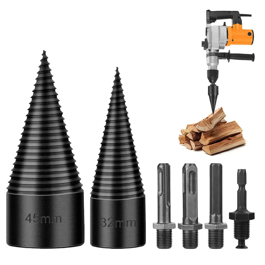 Firewood Log Splitter Drill Bit Set (2-Pack: 45mm + 32mm Screw Cone Drivers), Efficient Wood-Splitting Tools for Dry & Soft Wood with 4 Attachments
