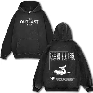 Outlast Trials SPIDER EYE LAMB Washed Hoodie Sweater, Video Games, Horror Vintage Graphic T-Shirt , Game Fan, Streetwear Tops Black Fabric Menswear