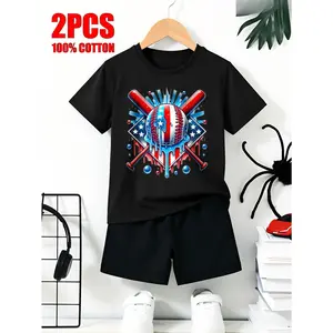 Casual Sporty Style Independence Day Boys 2pcs Short-Sleeved 100% Cotton T-Shirt And Shorts Set American Flag Baseball Design Summer Outdoor Wear Gift for Kids, Perfect for Outdoor