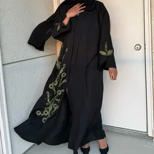 Hana Open Black Abaya with Intricate Green Floral Embroidery and Delicate Sequins for Special Occasions