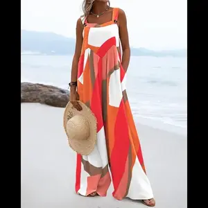 Geometric Print Wide Leg Suspender Jumpsuit