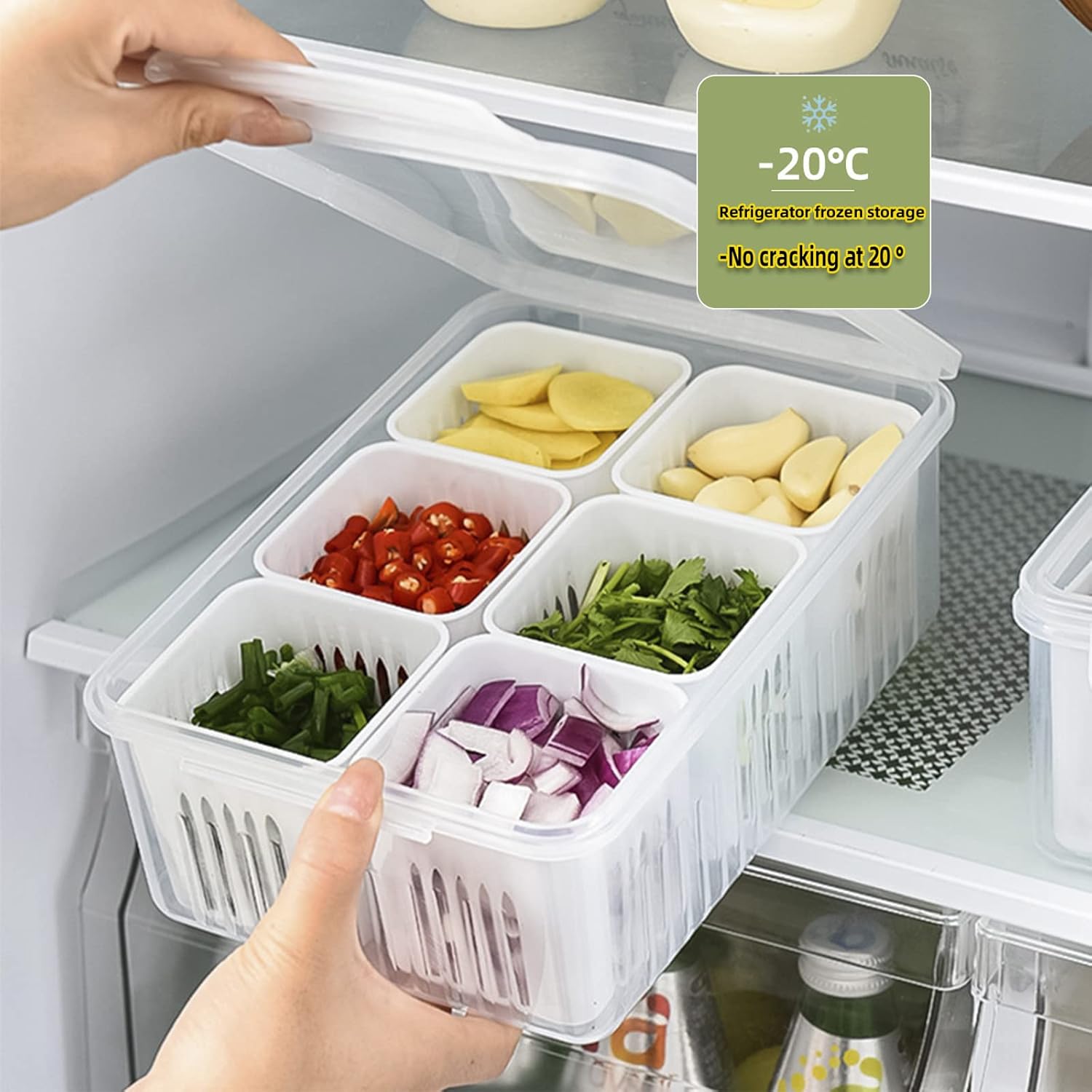 Food Storage Containers with Lids Airtight, Fridge Fresh-Keeping Container with 6 detachable small boxes, Portable Divided Fruit Storage Container Onion Ginger Garlic Cherry Storage