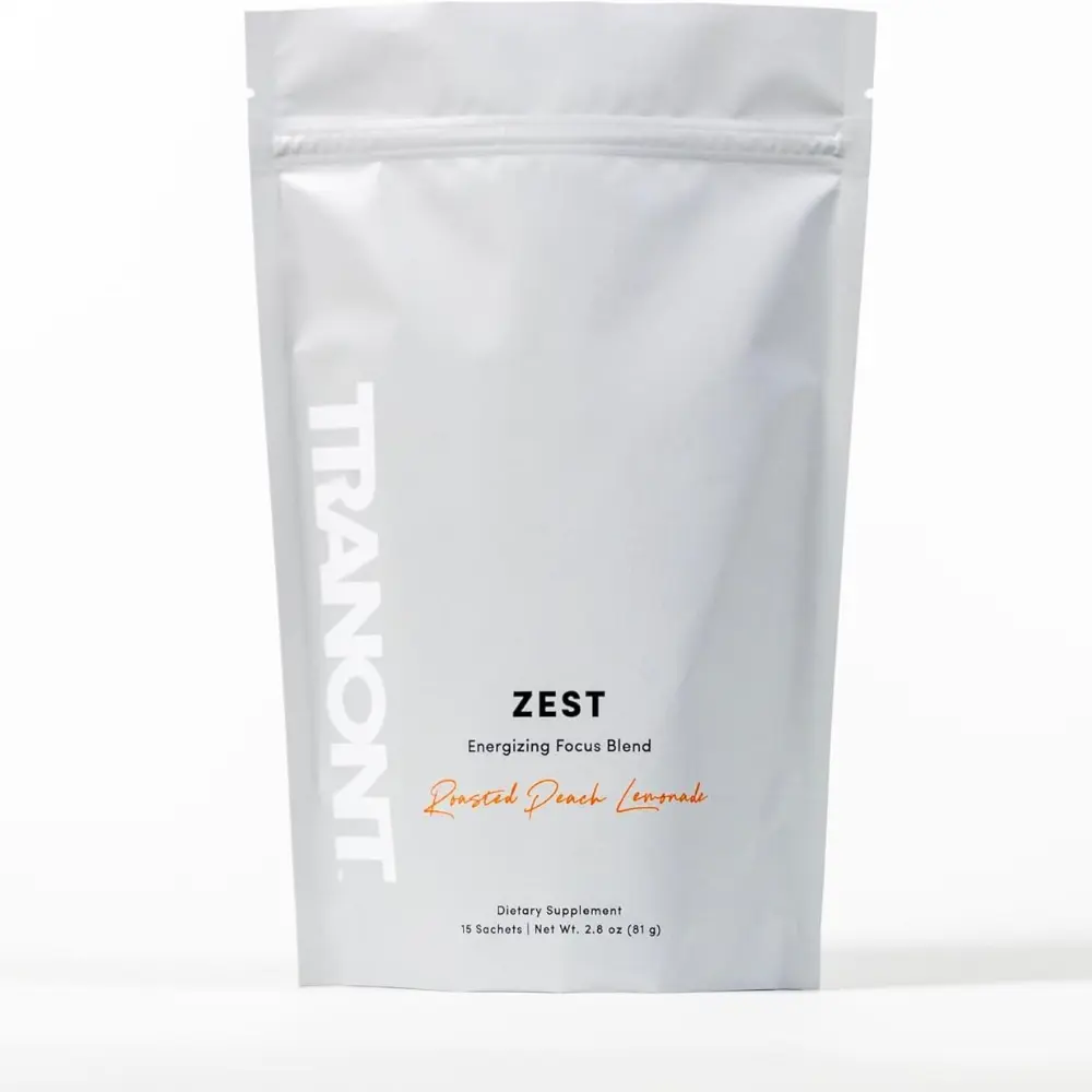 Tranont Zest Energizing Focus Blend | Roasted Peach Lemonade Energy Powder | Gluten-Free, Sugar-Free with green tea L-Theanine, Vitamins & Antioxidants for Energy, Focus, and Health | 15 sticks