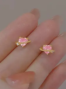 Heart Shaped Rhinestone Decor Stud Earrings, High Quality Earrings, Elegant Jewelry for Women, Trendy All-match & Exquisite Jewelry for Birthday Gift