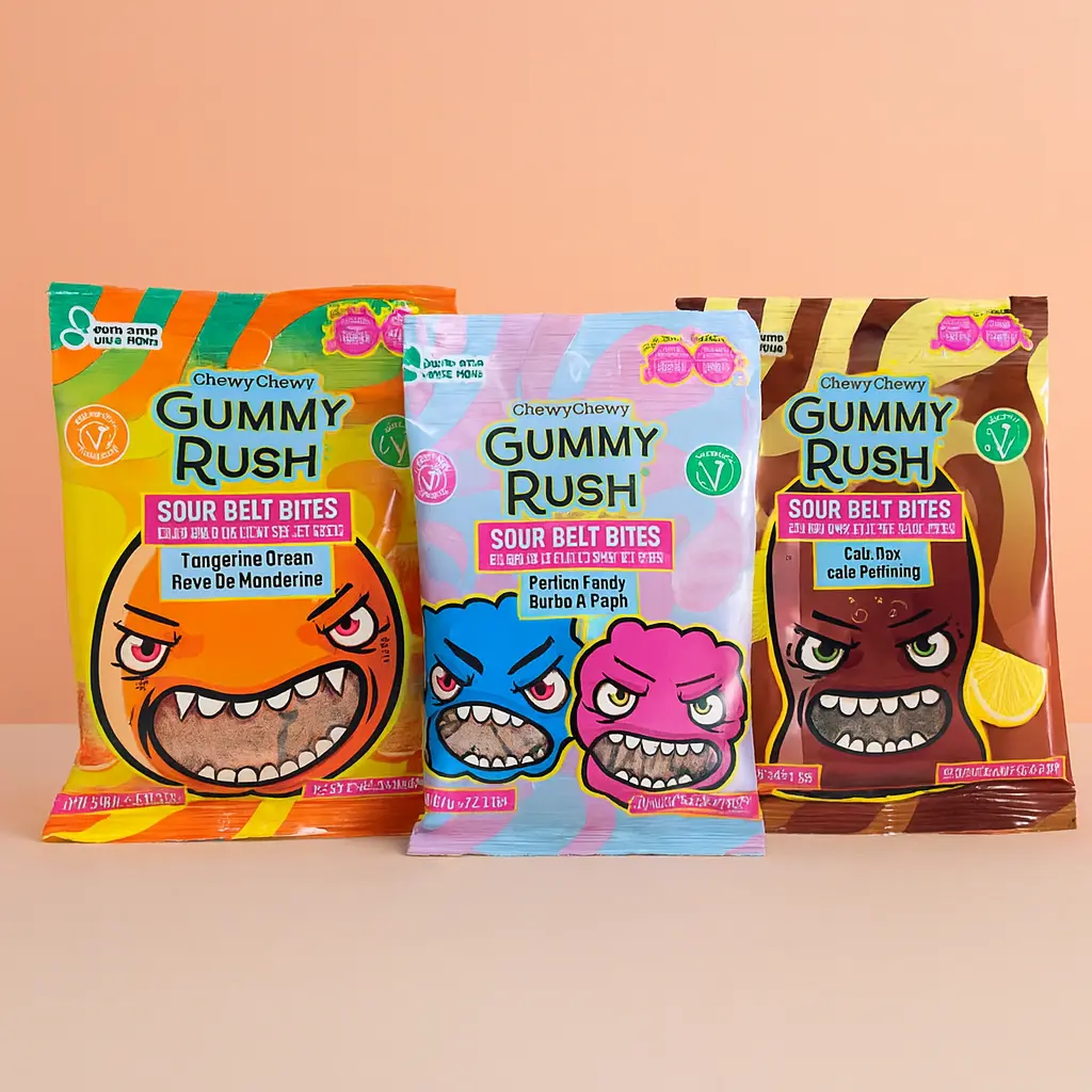 Gummy Rush Sour Belt Bites - 3 Asst Flavors Cola Pop Tangerine Dream Cotton Candy - Halal Vegan Snack Sweet Bonbon Chewy Tangy