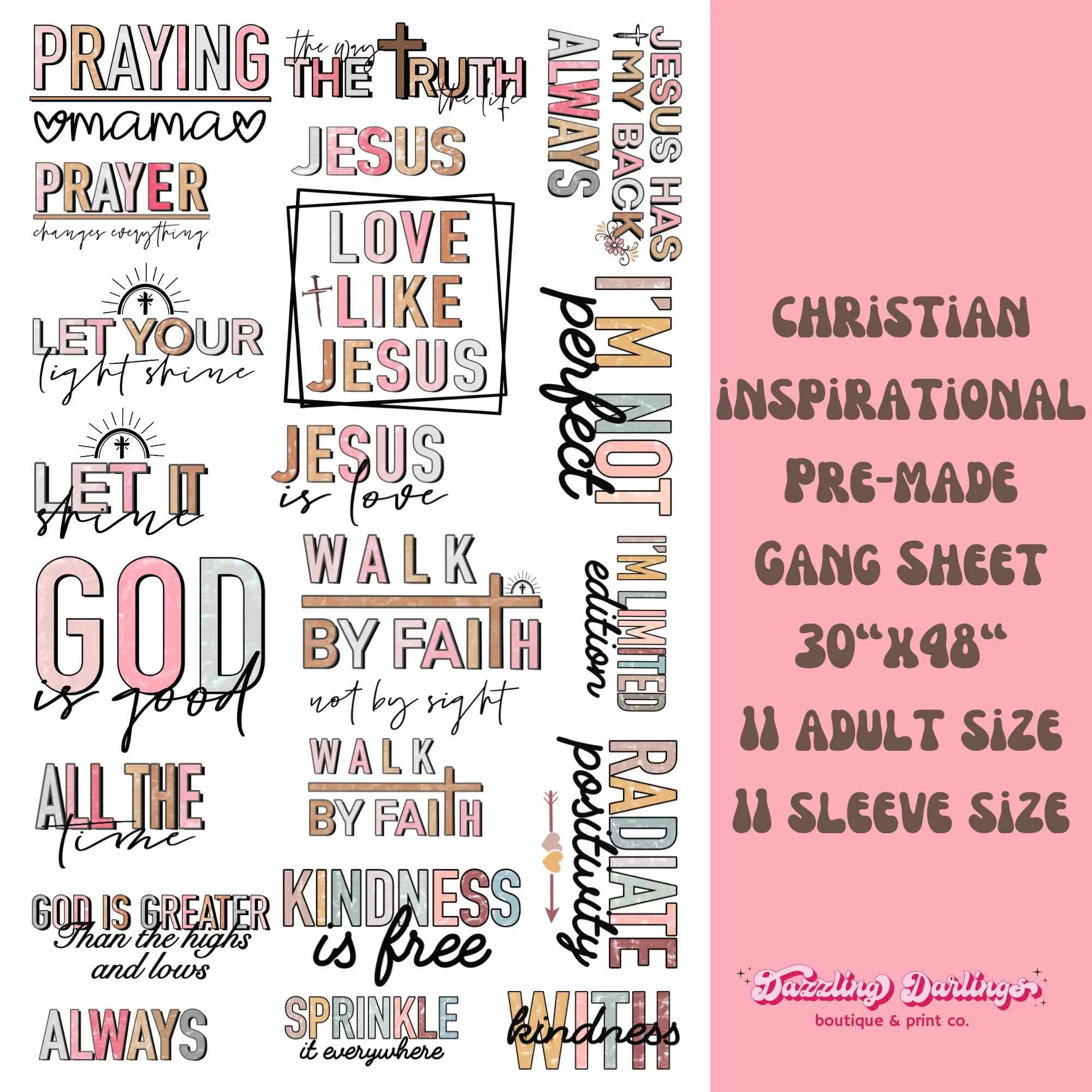 Christian Inspirational Front and Sleeve Designs - 30x48 - DTF Direct to Film Gang Sheet