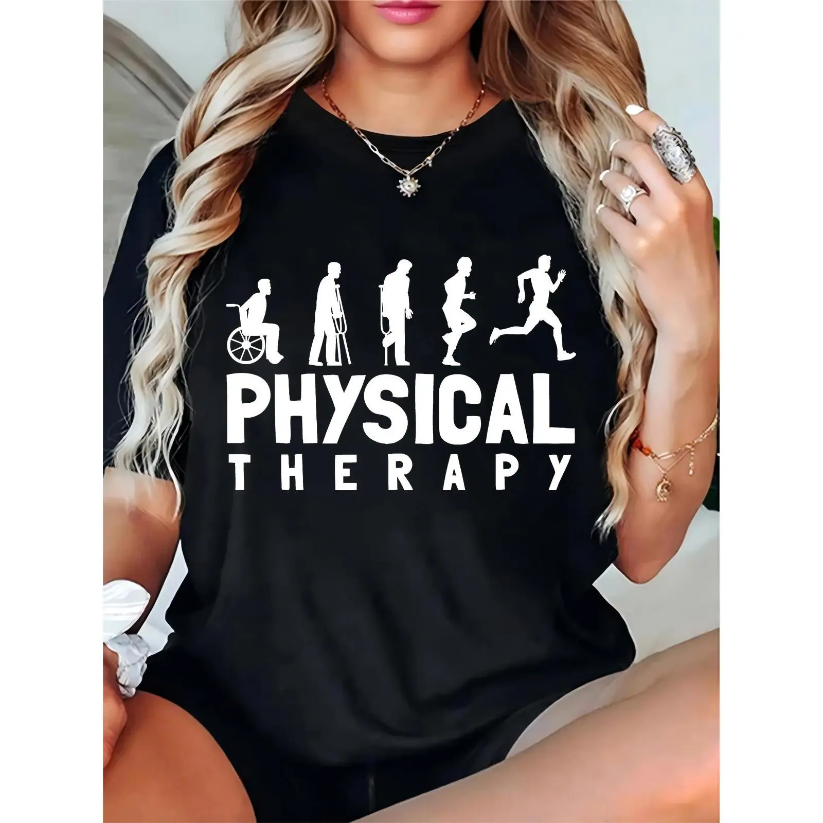 Women's Black Physical Therapy T-Shirt with Rehabilitation Process Silhouettes (Wheelchair → Crutches → Brace → Squat → Running) | Casual Wear for PT Therapists, Rehab Patients & Medical Professionals