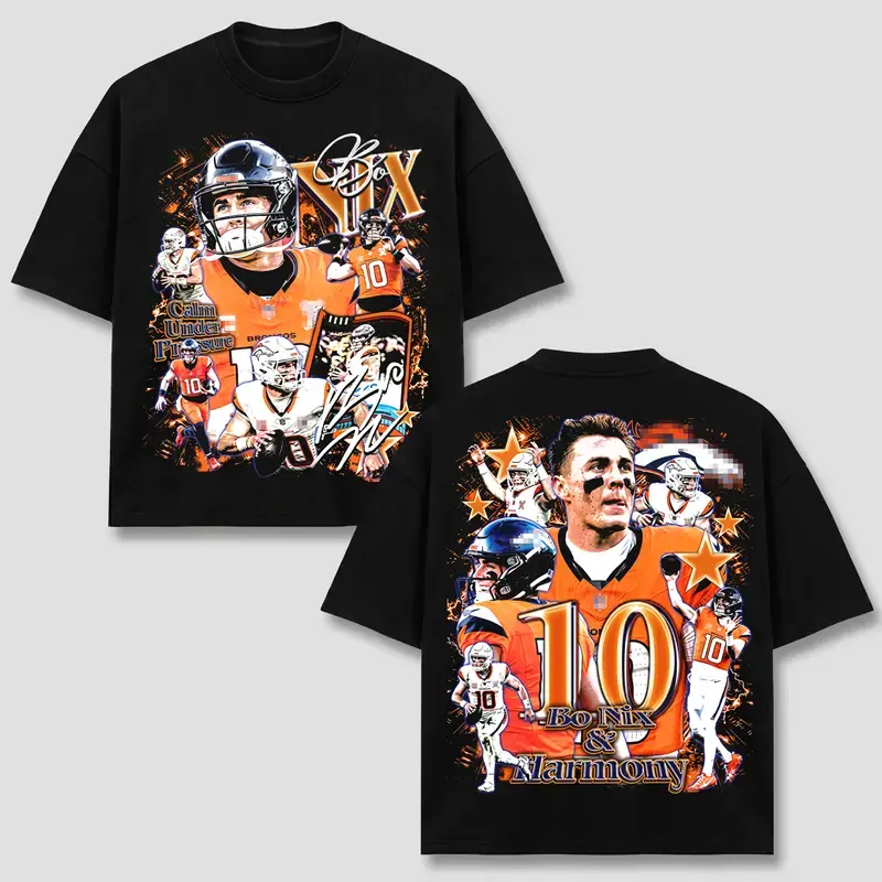Bo Nix #10 T-Shirt, DEN Brncos QB Football Player Merch, Orange Navy Vintage Graphic Apparel, Retro 90s Bootleg Sports Wear, Footbal Fan Heritage Gift, Men Women Heavyweight Oversized Black Acid Wash Top