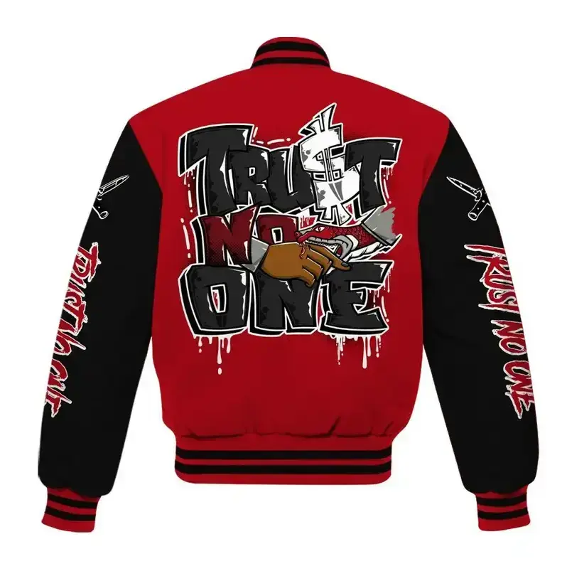 Bred Velvet 11s - Trust No One Dripping All Over Print Varsity Jacket Outfit, Unisex Varsity Baseball Jacket