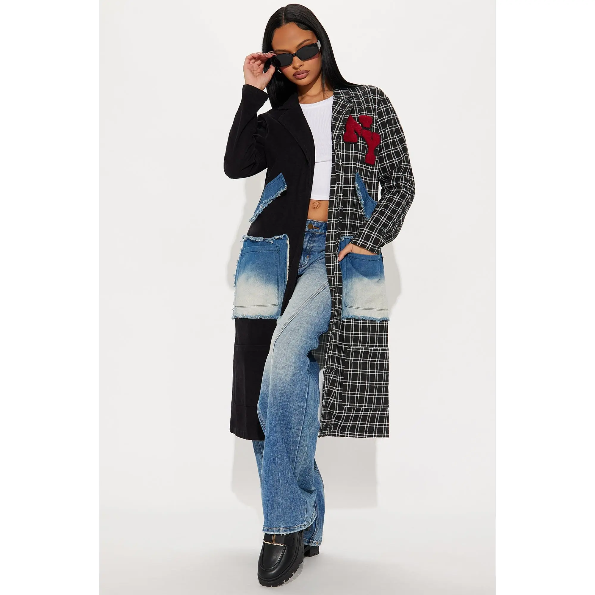 Patched Up In New York Long Blazer - Black/combo