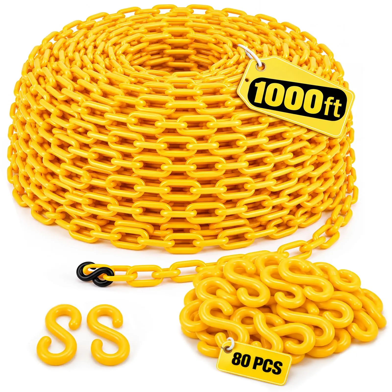 1000 Ft Yellow Plastic Barrier Chain with 80 S Hooks for Parking Lots Driveways Queue Lines Construction Sites Temporary Boundary Marking