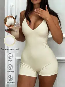 Women's Halter V-Neck Yoga Jumpsuit, Sleeveless Criss Cross Back, High Waist Slim Fit, Sporty Plain Design, All Season Workout Wear, Backless Sports Jumpsuit, Shaping Yoga Jumpsuit