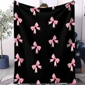 Black Flannel Blanket Features A Pink Bow Print And A Sweet Yet Cool Color-blocked Design. Suitable For Various Settings Including Sofas, Office Lounges, Camping, And Bedrooms, It Also Makes A Great Gift. Flannel Throw Blanket Soft Cozy Blanket