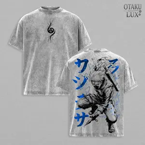Kakashi Anime T-Shirt – Sharingan Lightning Blade Ninja Graphic Tee, Vintage Washed Double Print Heavyweight Cotton Oversize Streetwear Y2K Narut0 Manga Aesthetic