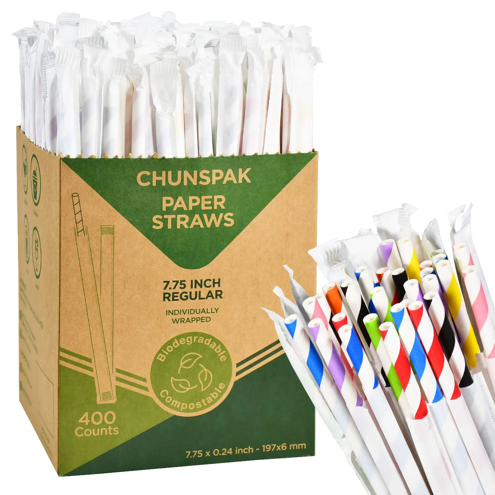 Individually Wrapped Disposable Paper Drinking Straws 7.75'' x 0.24'' - Colorful Stripes [400 Counts] - Eco-friendly Biodegradable