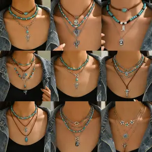 Western Cowboy Style Necklace Set Retro Bull Head Turquoise Velvet Hat Neck Rope Clavicle Chain Geometric Beaded Chain 31cm-40cm Electroplated Alloy