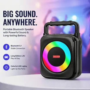 4-inch Bluetooth speaker with loud volume, multiple playback modes, long battery life, equipped with Bluetooth 5.1 technology, colorful lighting, portable handheld design, clear sound quality, suitable for dancing, outdoor activities, home use, and more.