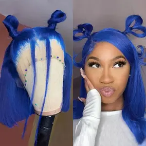 YESWIGS Blue 13X4 Straight HD Transparent Bob Lace Front Wigs Human Hair Dark Blue HD Lace Frontal Wig Human Hair Wear and Go Glueless Bob Wig Human Hair Pre Plucked with Baby Hair Navy Blue Short Bob Style Colored HD Lace Front Wigs