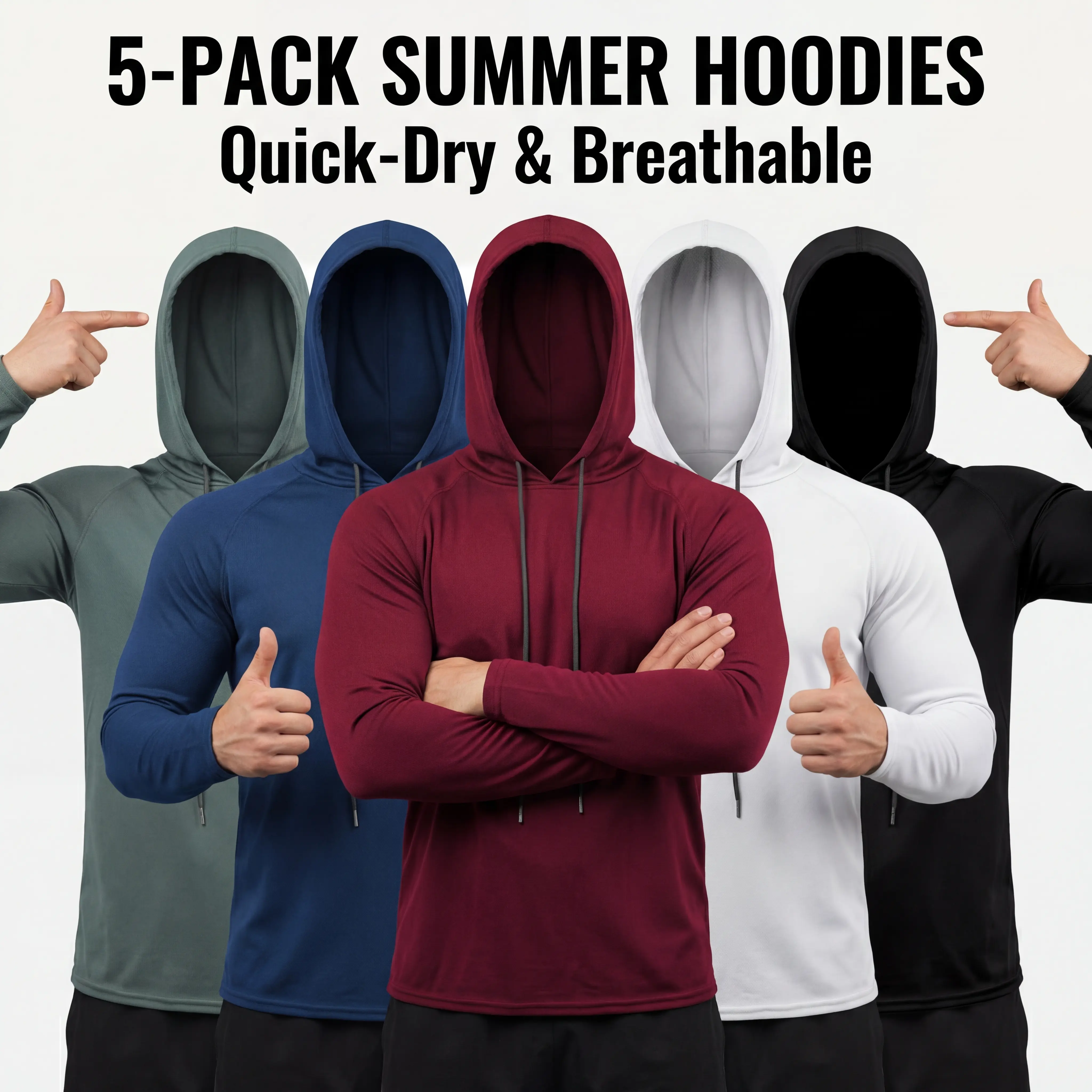 Ultimate 5-Pack Value Men's Dry Fit Long Sleeve Hoodies Lightweight Athletic Running Shirts with Face Mask for Sun Protection
