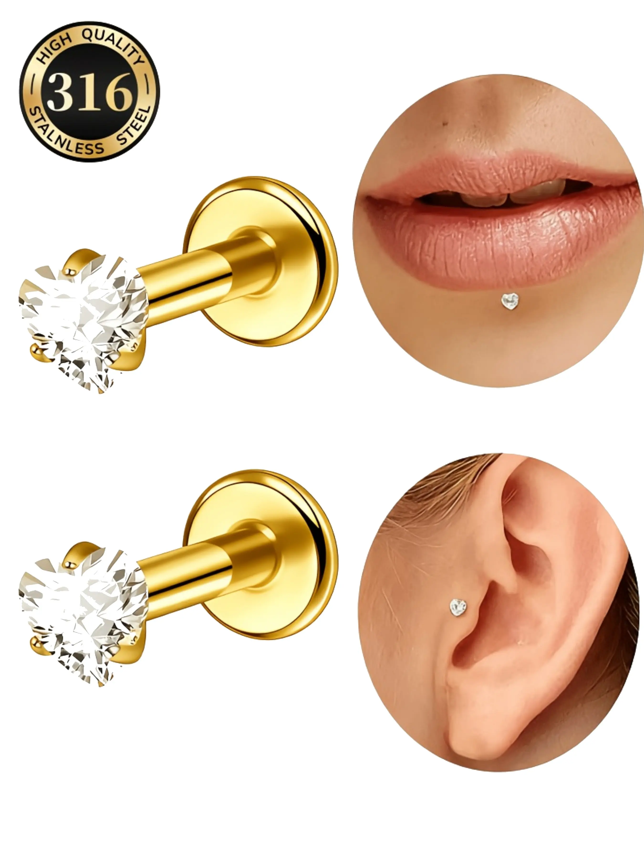 Heart-Shaped Cz Cartilage Earrings, 18k Plated, Synthetica Zirconia, Tragus Lobe Lip Helix Piercing, Unisex Design