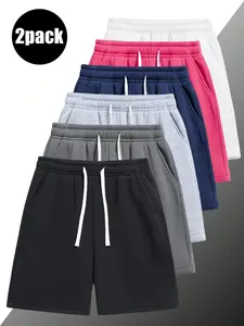 Pack of 2 men’s shorts: elastic waistband drawstring 5‑inch casual shorts; running shorts—simple, solid color, easy to match; suitable for summer daily commuting/work, outdoor sports, and indoor workouts.