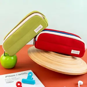 2 solid colour patchwork pencil cases with stain resistant lining, stand up design in solid colours, made canvas, large capacity, minimalist style, convenient DIY organisation, pencil stationery case