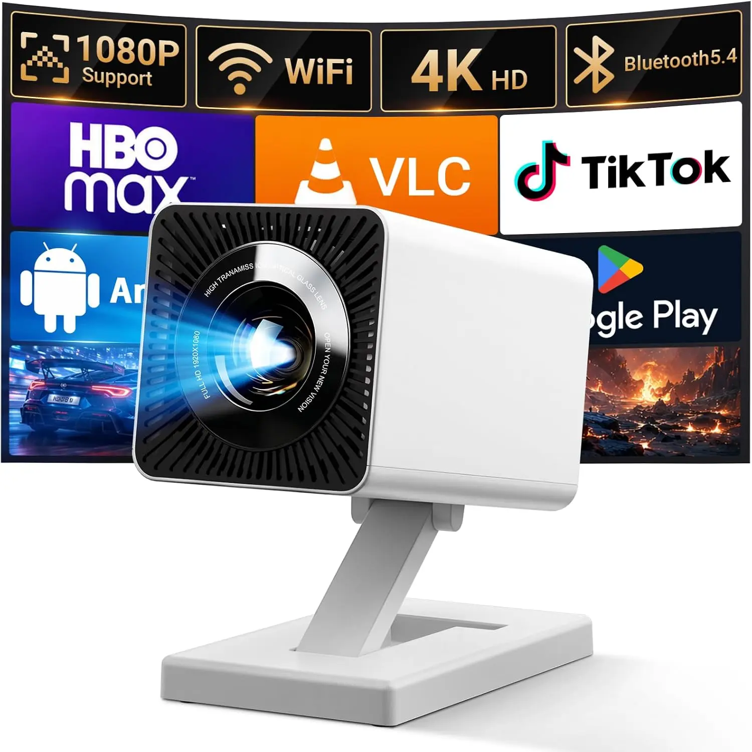 Portable Mini Projector with Built-in Apps, WiFi, Bluetooth, 1080P & 4K Support, Compatible with Smartphones, TV Stick, iPad, PS5, Laptop, HDMI, USB for Bedroom Use