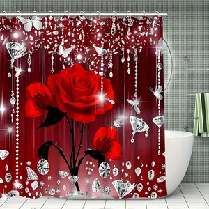 Rose Pattern Shower Curtain Set, Non-Slip Mat, U-Shaped Rug, Toilet Lid Cover, Perfect for Bathroom Decor, Includes 12 Hooks, Bathroom Decoration Accessories, Shower Essentials