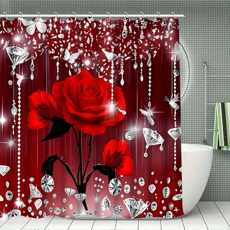 1/4 pc red iridescent rose pattern, shower curtain set, non-slip mat, U-shaped rug, toilet seat cover, includes 12 shower curtain hooks, Bathroom Decoration Accessories, Bathroom Accessory