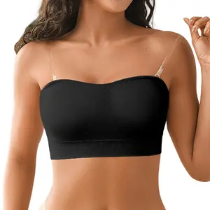 DEANGELMON Strapless Bras for Women Comfort Non-Slip Seamless Padded Bralette Clear Straps Wireless Tube Top Bra