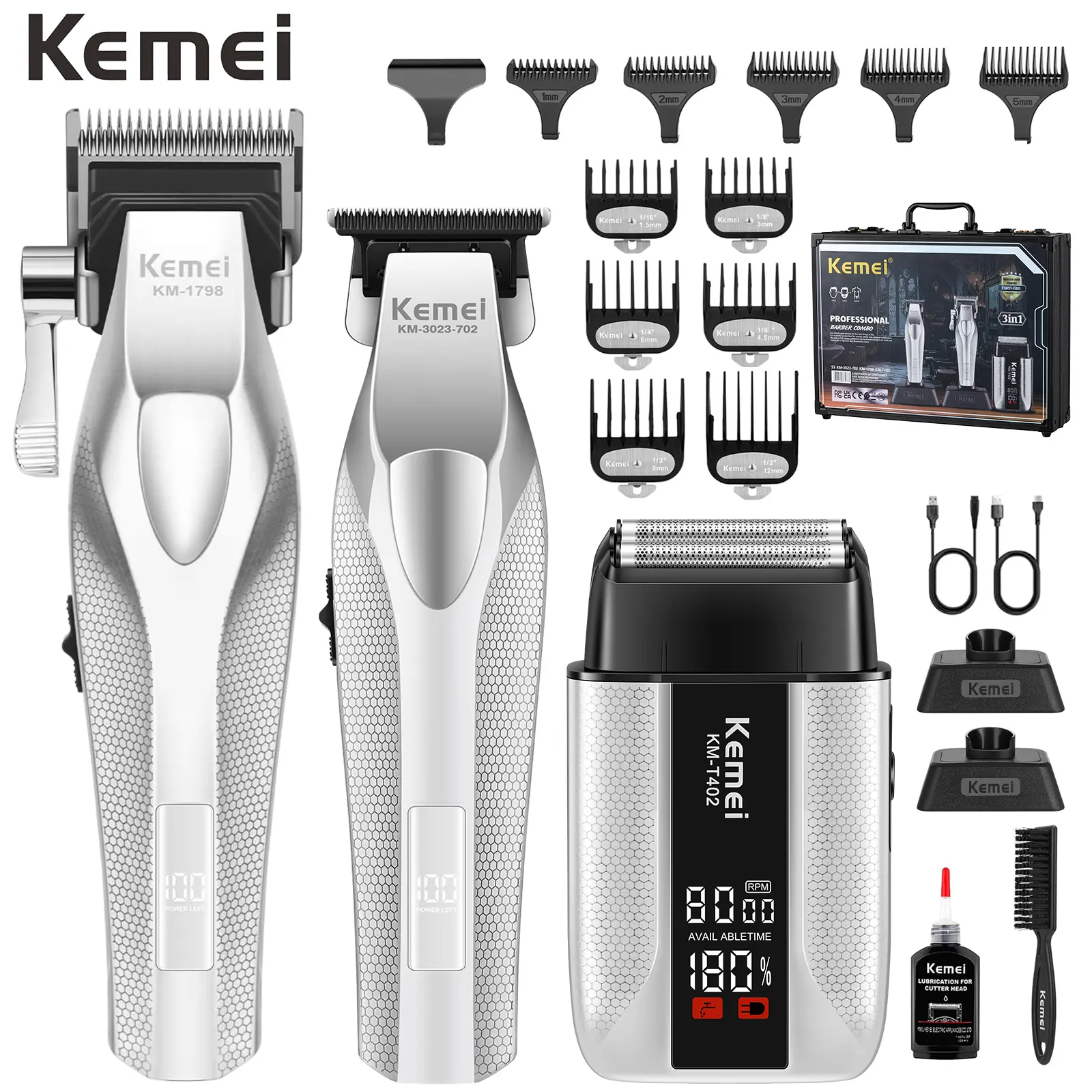 KEMEI 3-in-1 Barber Equipment Hair Clipper Kit (Set 1): KM-1798 Clipper, 3023-702 Beard Trimmer, T402 Shaver for Men, Cordless, USB Rechargeable, LED Display, Ceramic-DLC Blades, Holiday Gift for Barbers/Home Use