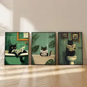 3pcs/set Frameless Whimsical Black Cat Bathroom Wall Art Decor Prints, Unframed Art Print, Vintage Black Cat Reading Newspaper Poster, Cat Lovers Wall Prints Canvas Painting