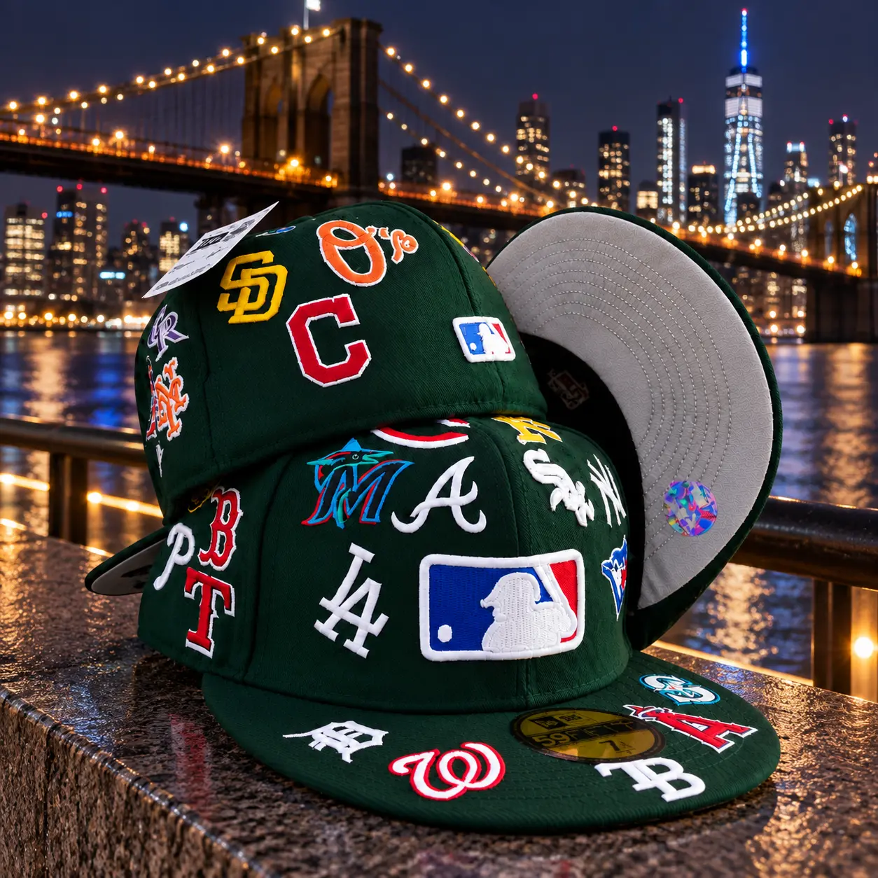 MLB All Over Logo Green 59FIFTY Fitted Hat – Embroidered Team Logos Flat Brim Baseball Cap