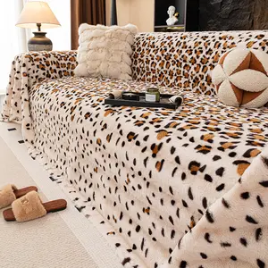 Winter Faux Rabbit Fur Sofa Blanket, Leopard Print, Warm Non-Slip Fashion Luxury Couch Pad, Pet Friendly, Faux Fur Cover